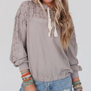 NWT Three Bird Nest Boho In Loom Must Be Love Embroidered Hoodie Taupe Large